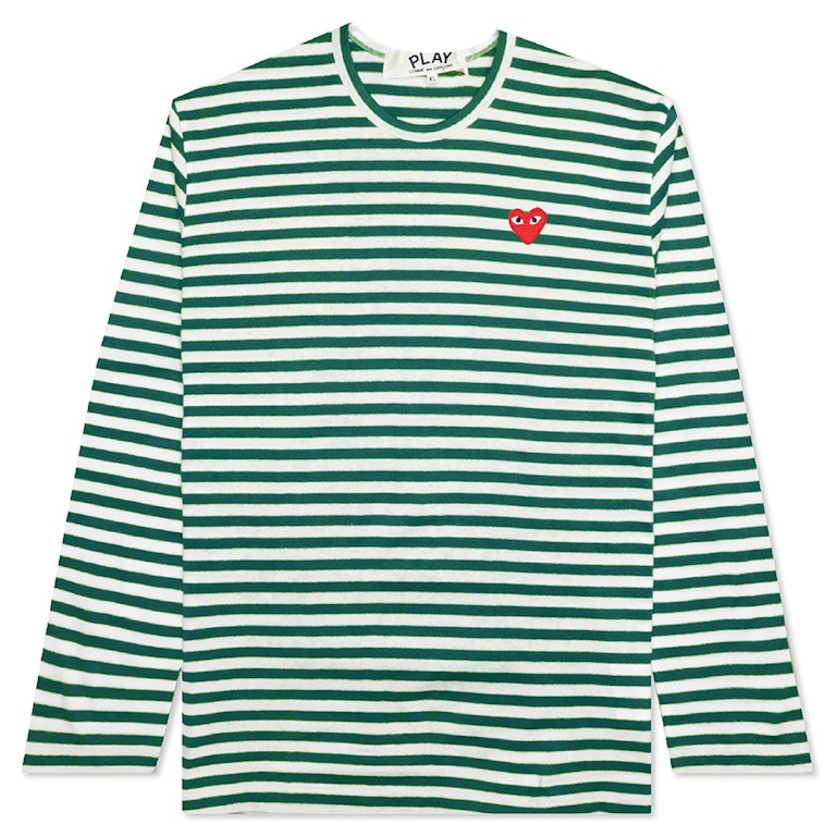 Pre-owned Cdg Play Comme Des Garcons Play Big Red Heart Striped L/s T-shirt Green/white