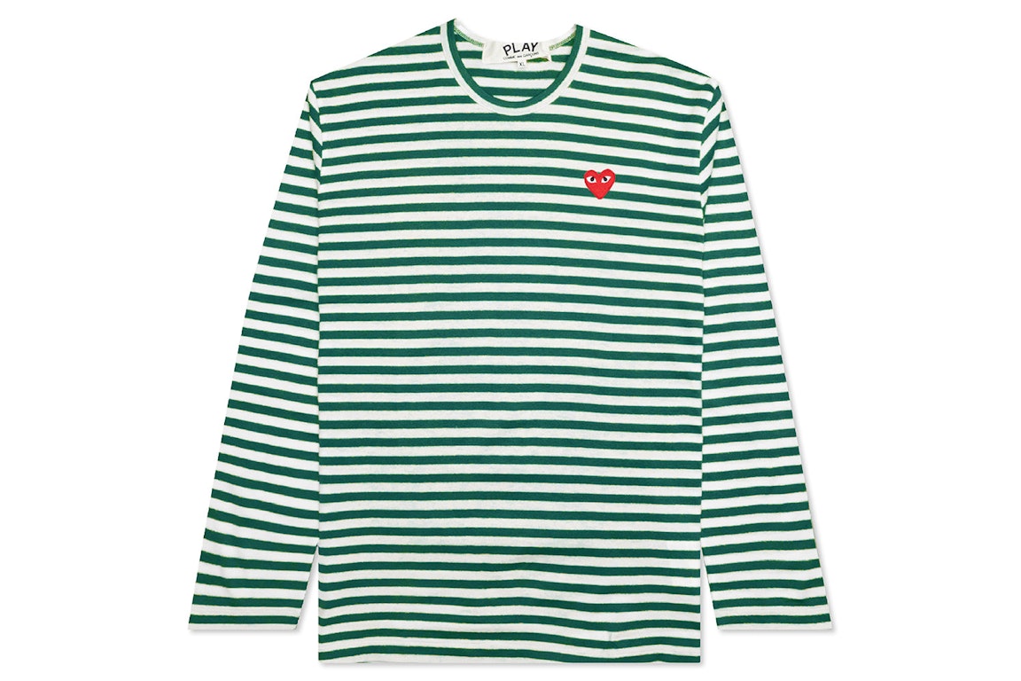 Pre-owned Cdg Play Comme Des Garcons Play Big Red Heart Striped L/s T-shirt Green/white