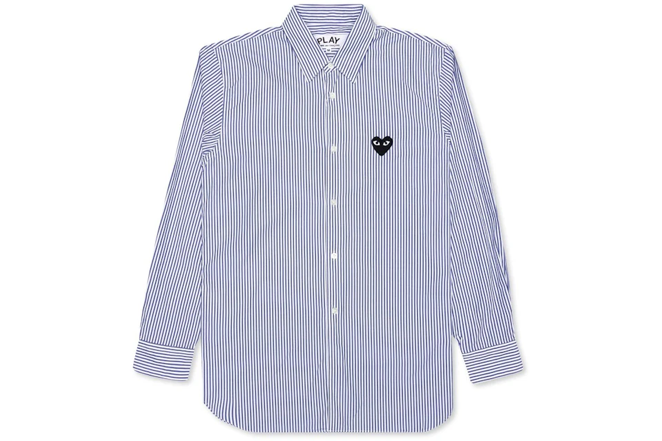 CDG Play Black Emblem Striped Button Up Shirt Blue/White
