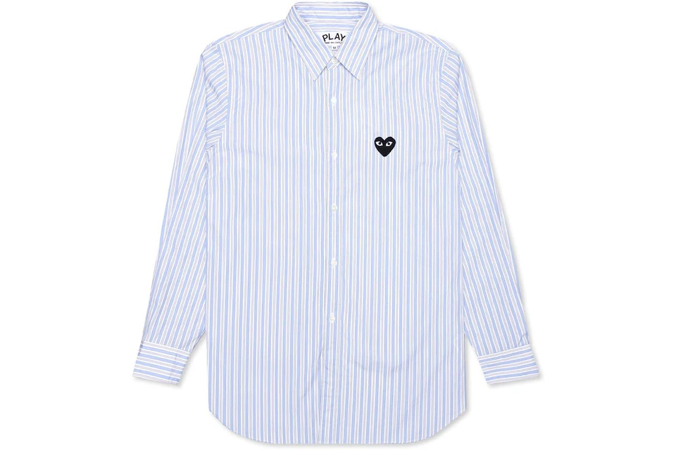 CDG Play Black Emblem Striped Button Up Shirt Light Blue/White