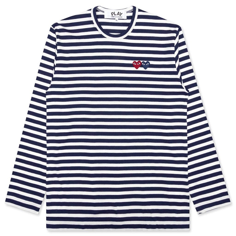 Pre-owned Cdg Play Comme Des Garcons Play Double Heart Striped L/s T-shirt Navy/white