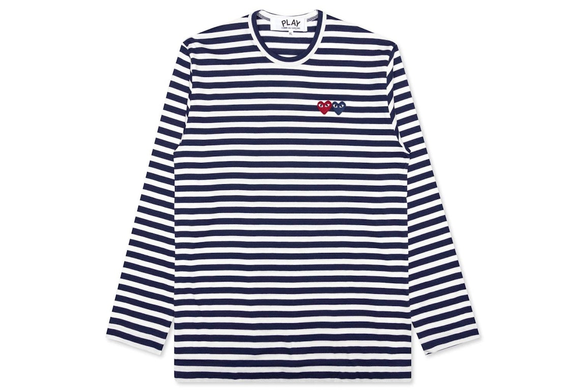 Pre-owned Cdg Play Comme Des Garcons Play Double Heart Striped L/s T-shirt Navy/white