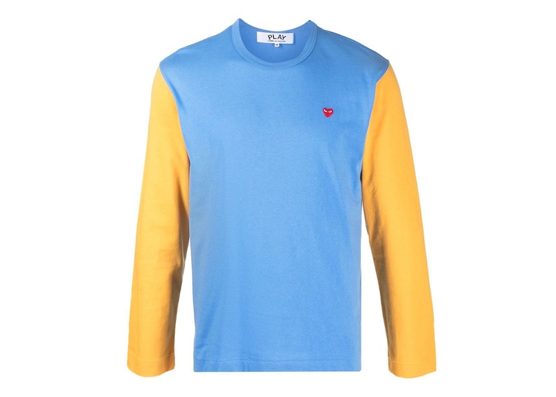 Pre-owned Comme Des Garçons Play Embroidered Logo Colour Blocked Long Sleeve Tee Shirt In Blue/yellow In Multi