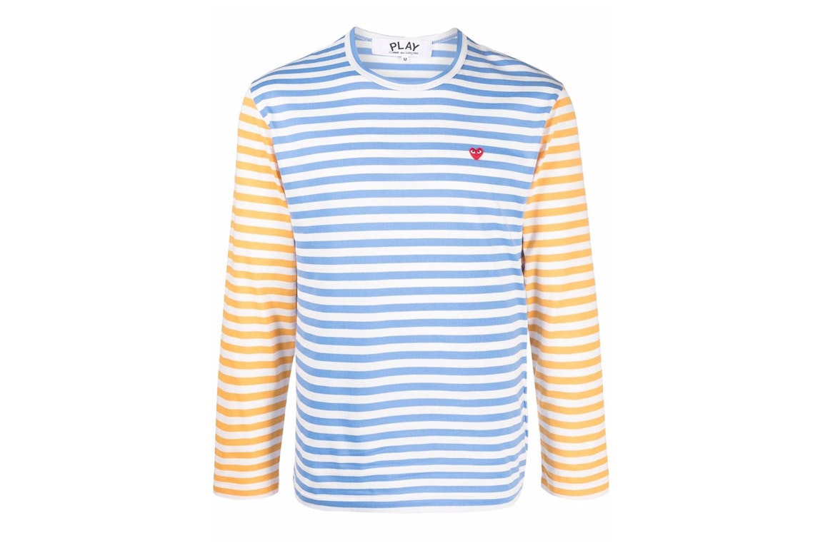 Pre-owned Cdg Play Comme Des Garcons Play Embroidered Logo Striped Long-sleeve Tee Blue/yellow