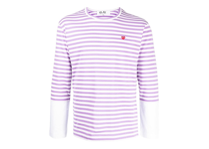 Pre-owned Comme Des Garçons Play Embroidered Logo Striped Longsleeve Tee Shirt In Purple/white In Multi