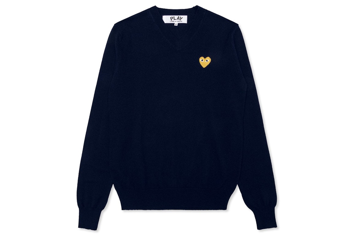 Pre-owned Cdg Play Gold Heart V Neck Sweater Navy
