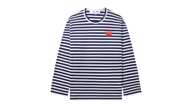 Pre-owned Comme Des Garçons Play Metalstone Heart Striped Long Sleeve Tee Shirt In Navy Blue