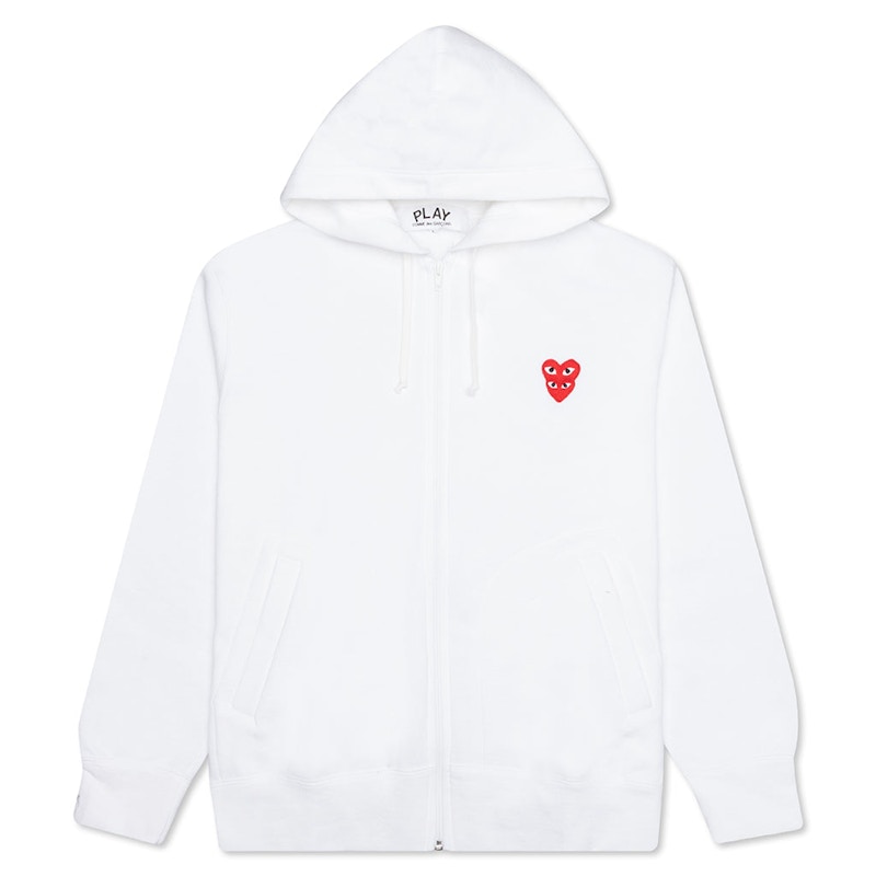 Comme des Garcons Play Red Stacked Heart Zip Up Hoodie White US