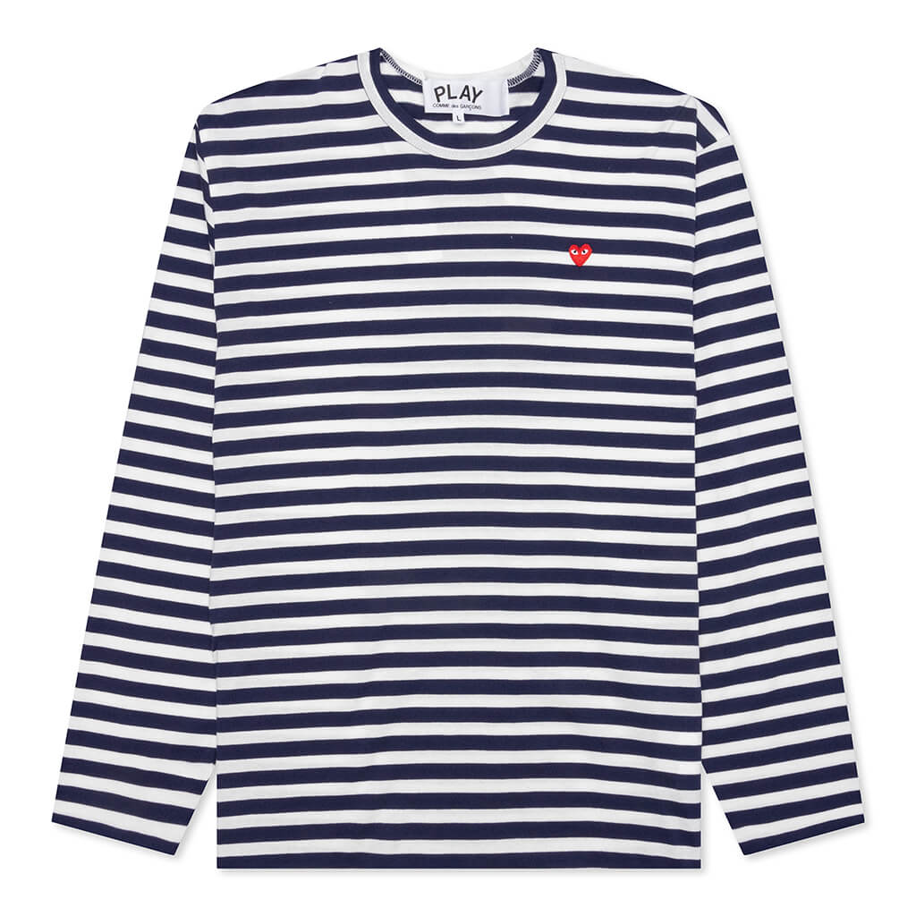 Comme des Garcons Play Small Red Heart Striped L/S T-shirt Navy