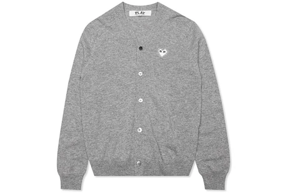 Comme des Garcons PLAY White Heart Knit Cardigan Sweater Light Grey