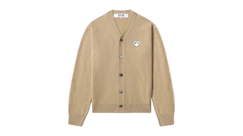 Pre-owned Comme Des Garçons Play White Heart Vneck Cardigan Sweater In Beige