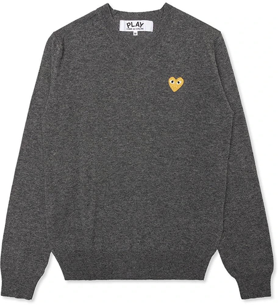 Comme des Garcons Play Women's Gold Heart V Neck Sweater Grey - US
