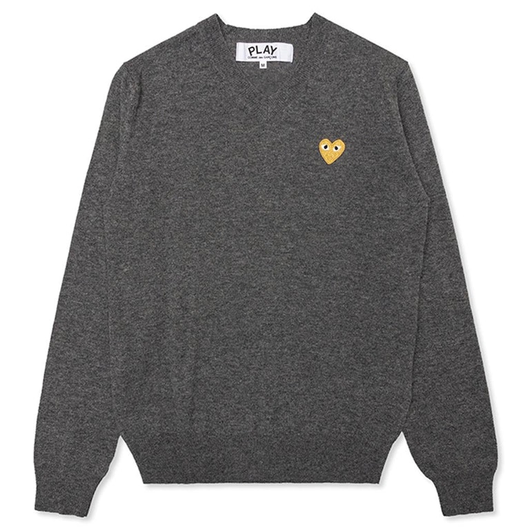 Pre-owned Cdg Play Comme Des Garcons Play Women's Gold Heart V Neck Sweater Grey