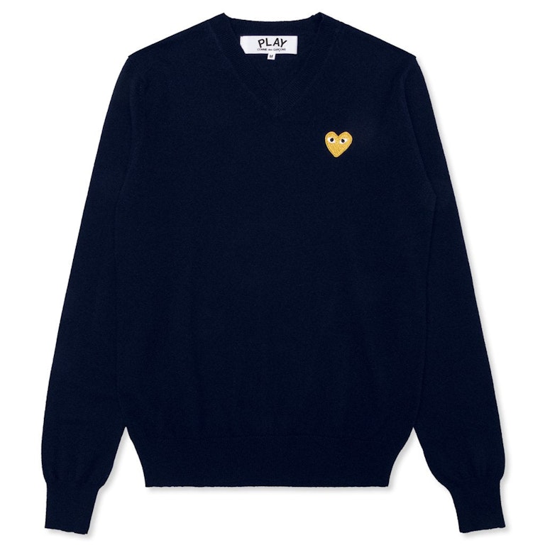 Pre-owned Cdg Play Comme Des Garcons Play Women's Gold Heart V Neck Sweater Navy