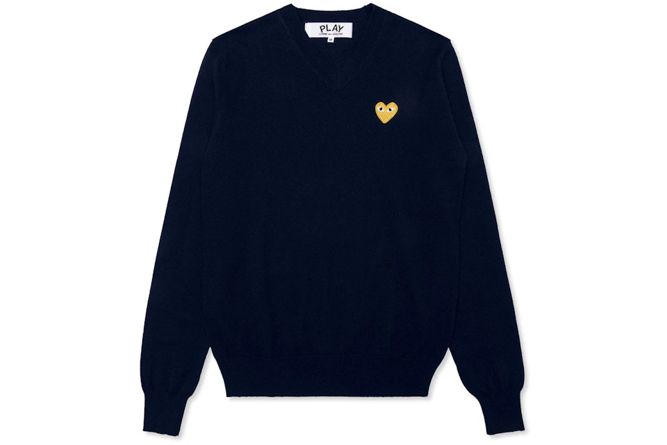 Comme des Garcons PLAY Women's Gold Heart V Neck Sweater Navy