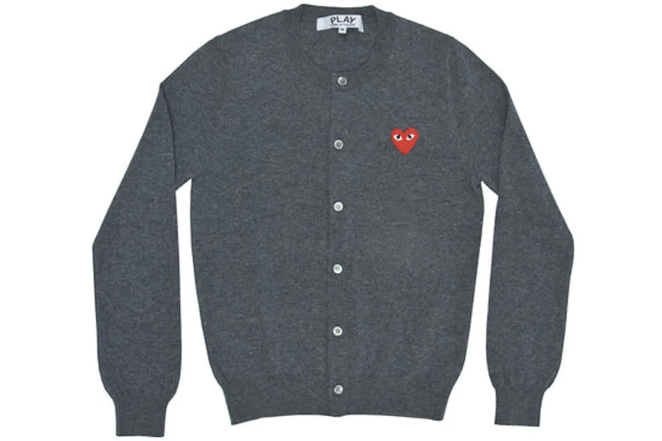 Comme des Garcons Play Women's Red Heart Knit Cardigan Sweater Grey