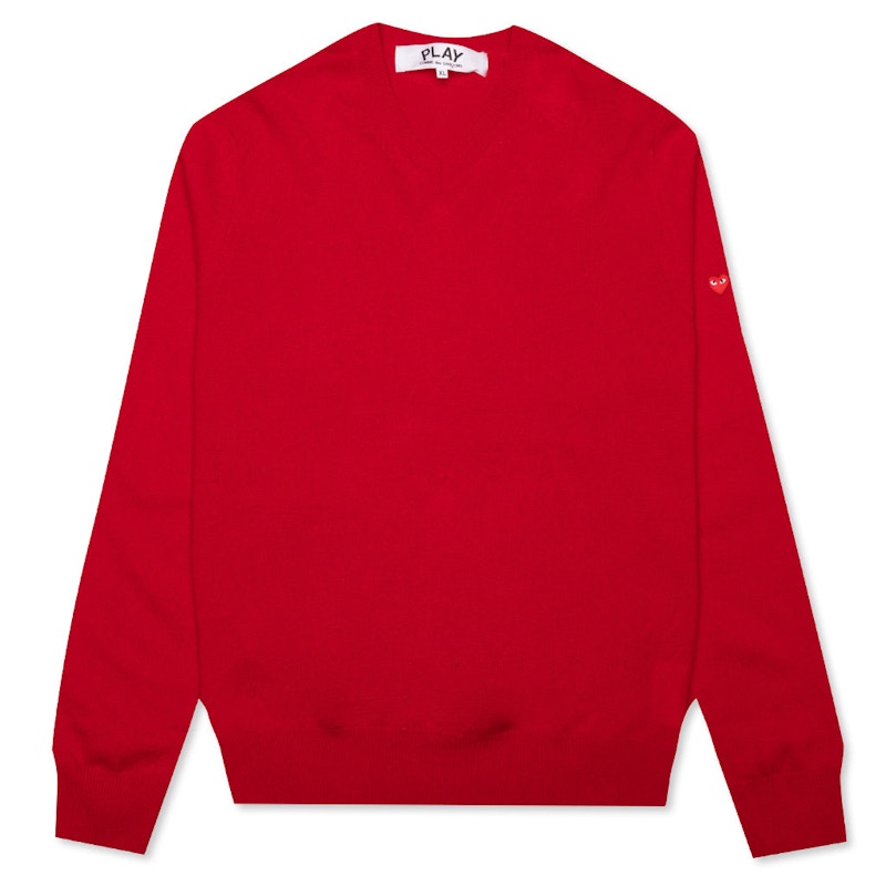 Pre-owned Comme Des Garçons Play Women's Small Heart On Sleeve V Neck Sweater In Red