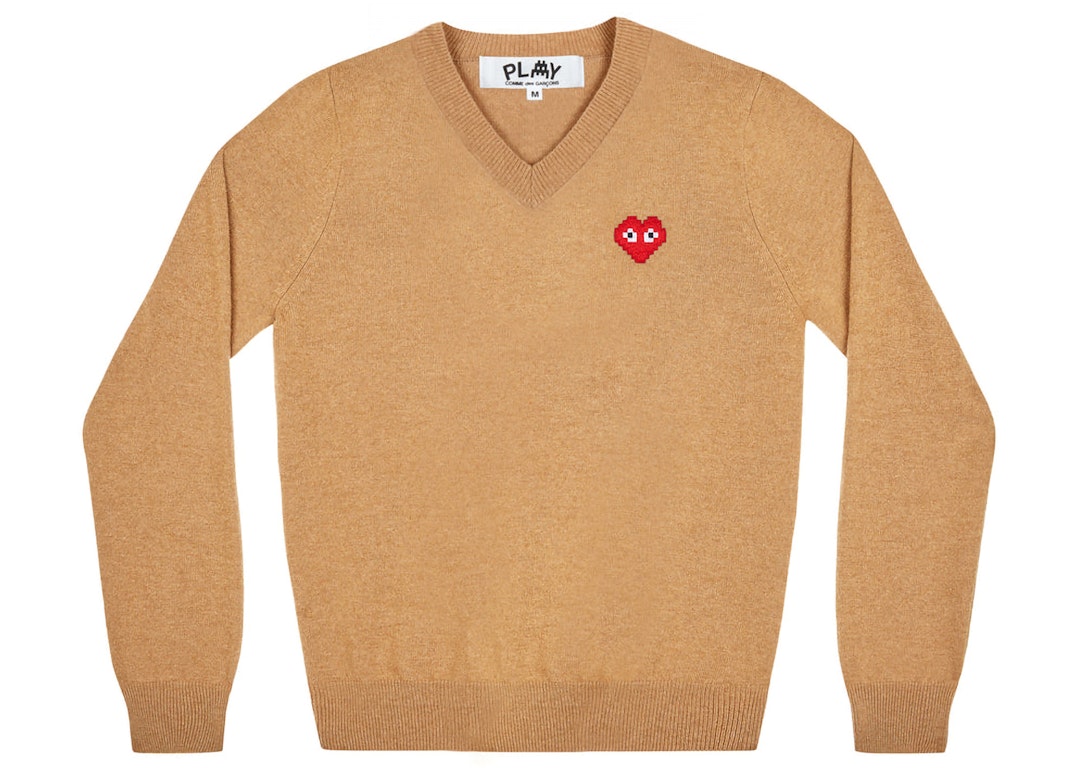 Pre-owned Cdg Play Comme Des Garcons Play X Invader Women's V Neck Sweater Camel