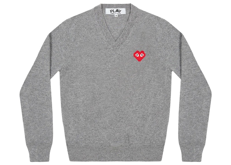 Pre-owned Comme Des Garçons Play X Invader Women's V Neck Sweater In Top Grey