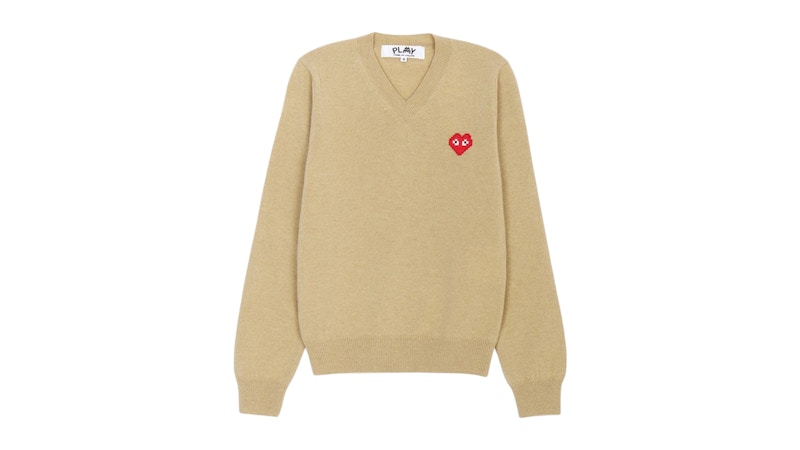 Pre-owned Comme Des Garçons Men's Comme Des Garcons X Invader Pixelwappen V Neck Pullover Knitwear In Camel In Brown