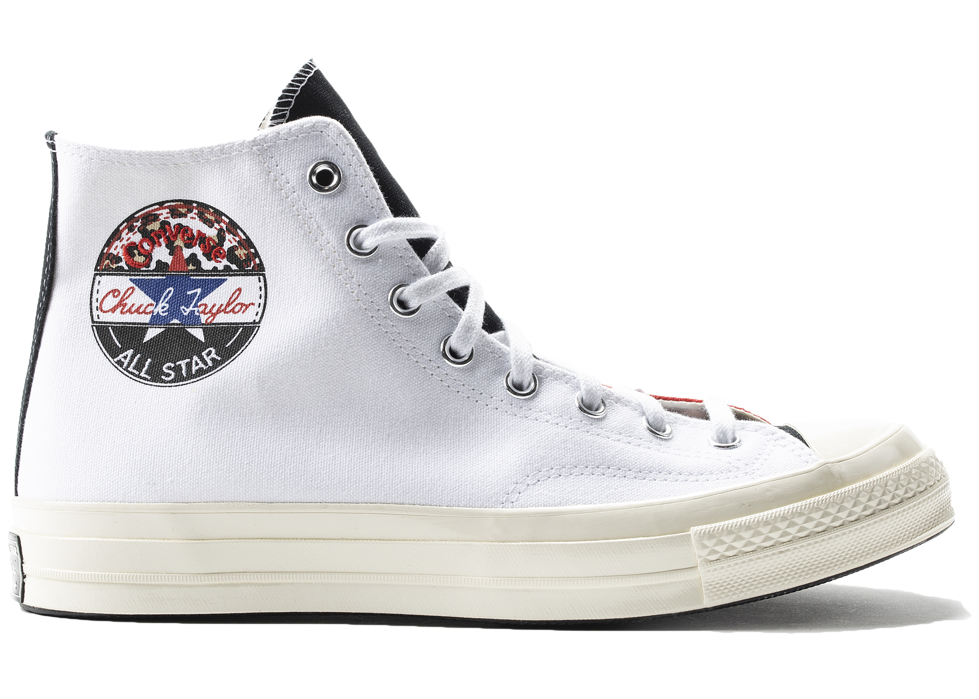 white and red high top converse