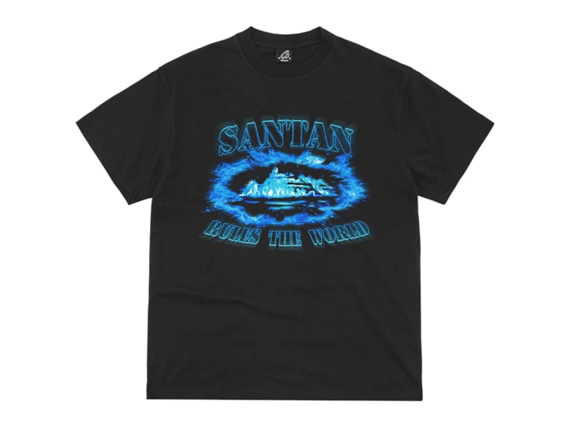 Pre-owned Corteiz Men's  Santan Alcatraz Tee Shirt In Black/blue Flame
