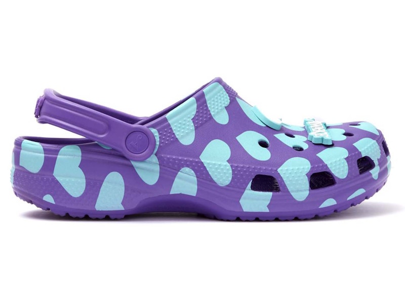 purple and teal crocs