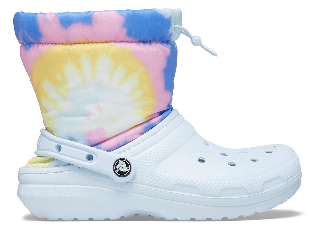 Pre-owned Crocs Classic Lined Neo Puff Boot Tie Dye Mineral Blue In Mineral Blue/pink/yellow