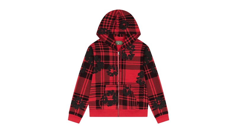 Pre-owned Denim Tears Men's Plaid Cotton Wreath Zip Hoodie In Red