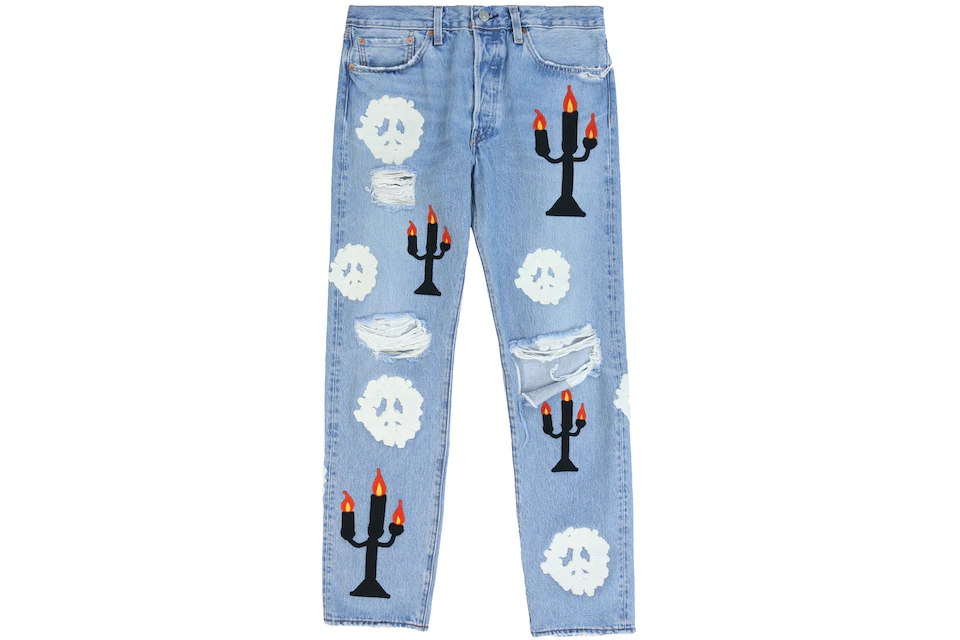 Denim Tears x Virgil Abloh "Message in a Tear" Embroidered Jeans Blue