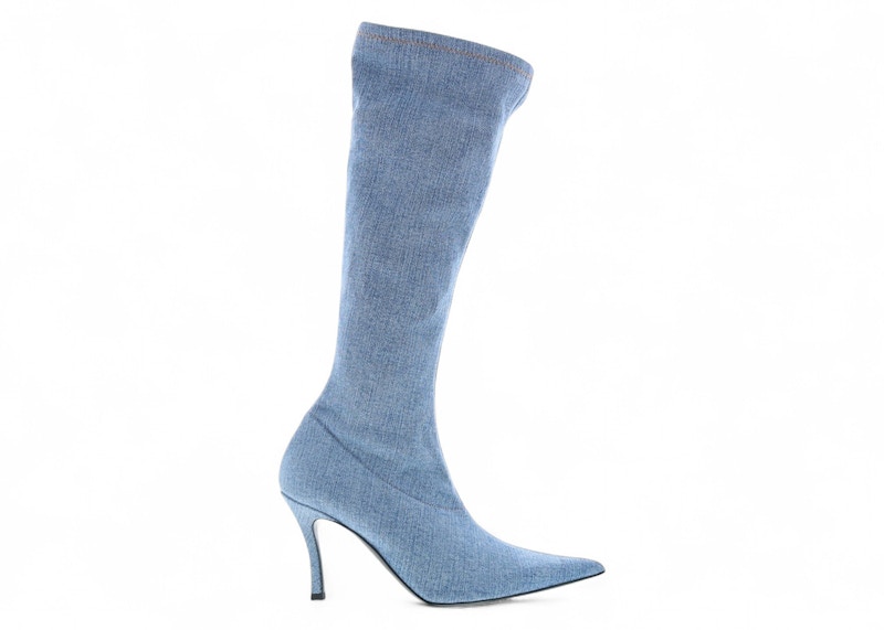 Pre-owned Diesel Dvenus Kbt Knee High Boot Blue Stretch Denim (women's) Sneakers In Light Blue