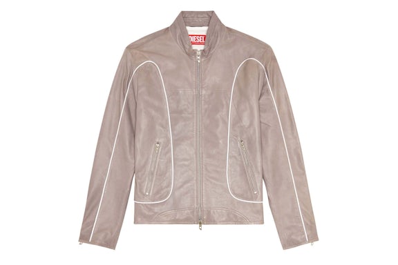 Diesel L-Krix Leather Biker Jacket with Piping Light Grey