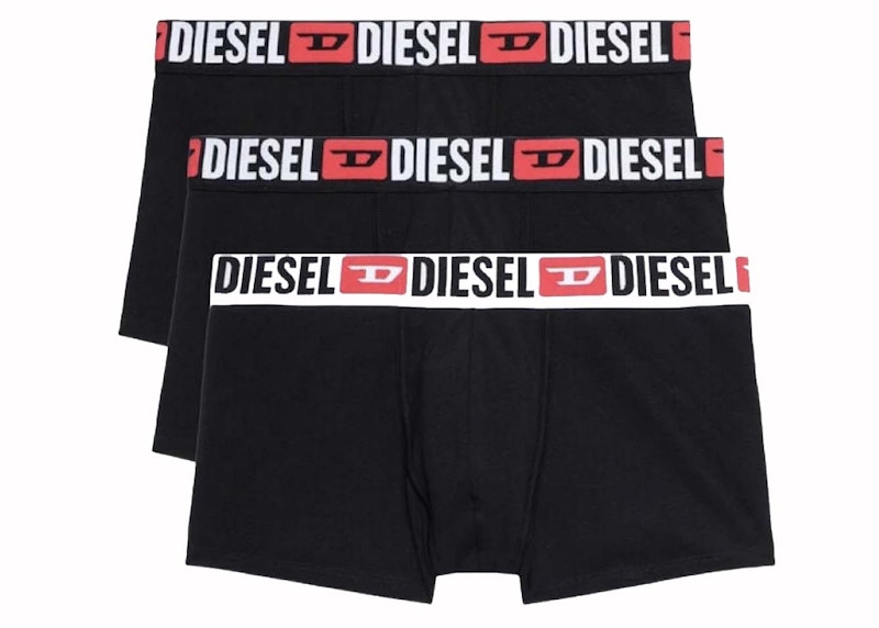 Pre-owned Diesel Men's Umbx Damien All Over Logo Waist Boxers (3 Pack) In Black/blue/red