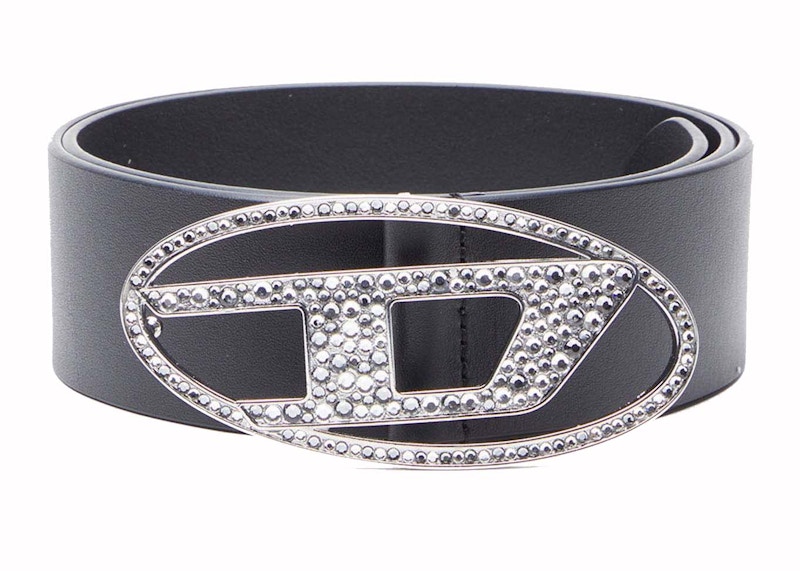 Pre-owned Diesel B1dr 50 Strass Leather Belt With Rhinestone Logo Buckle In Black