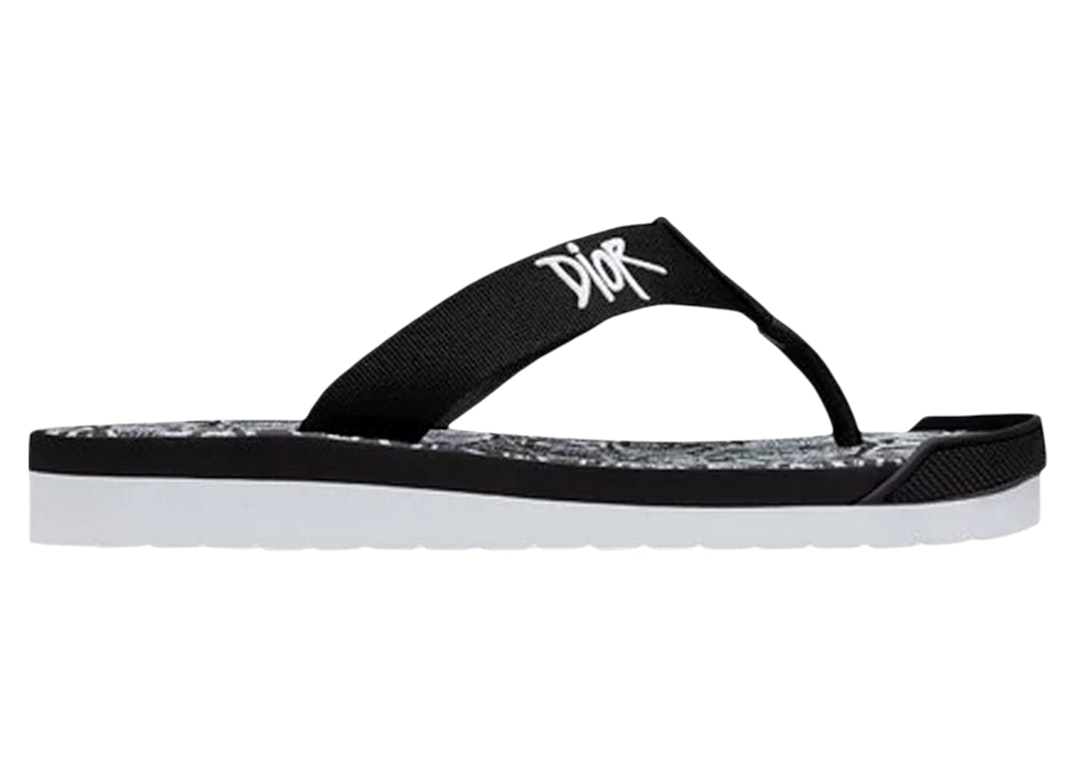 Pre-owned Dior And Shawn Embroidery Flip Flops White Black In White/black