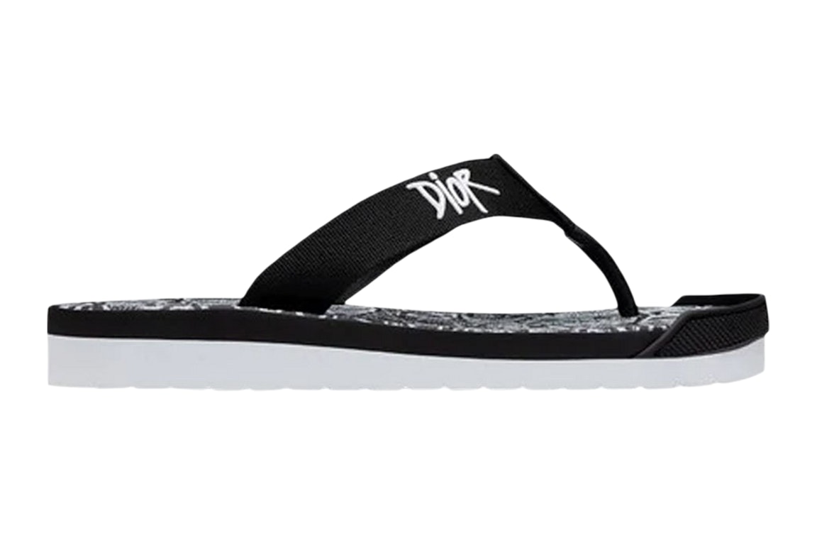 Pre-owned Dior And Shawn Embroidery Flip Flops White Black In White/black