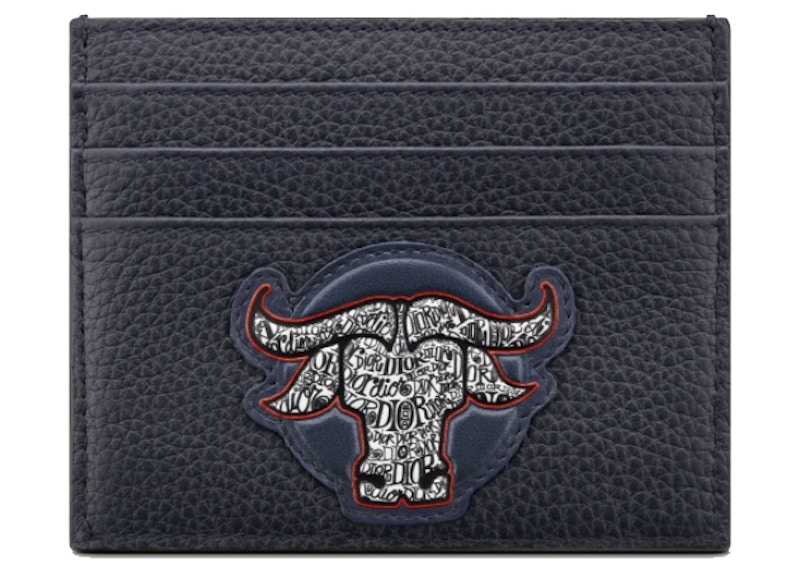 Dior And Shawn Flat Card Holder Navy in Grained Calfskin - GB