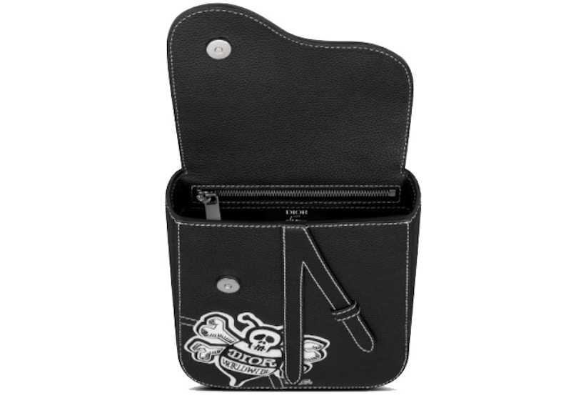 Dior And Shawn Saddle Pouch Black/White in Grained Calfskin with