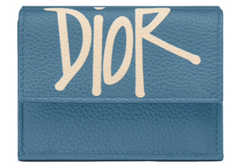 Dior And Shawn Trifold Wallet Blue in Grained Calfskin with Silver