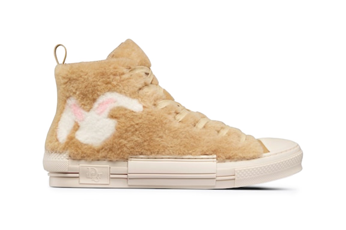 Pre-owned Dior B23 High Top Erl Beige Shearling With Rabbit Motif In Beige/white