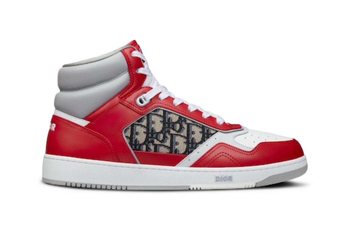 Pre-owned Dior B27 High Red Gray And White Smooth Calfskin With Beige And Black  Oblique Jacquard In Red/gray/white