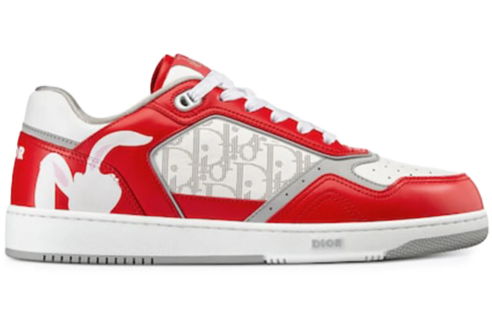Dior B27 Low ERL Red and White Smooth Calfskin and White Dior Oblique Galaxy Leather with Rabbit Motif