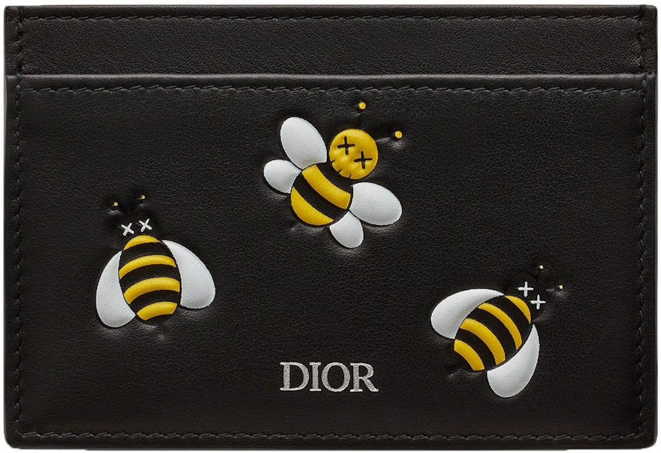 Dior x Kaws Card Holder Yellow Bees Black in Calfskin - DE