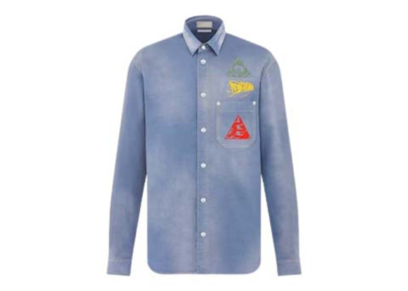 Dior Embroidered Cotton Denim Shirt Light Blue Men's US