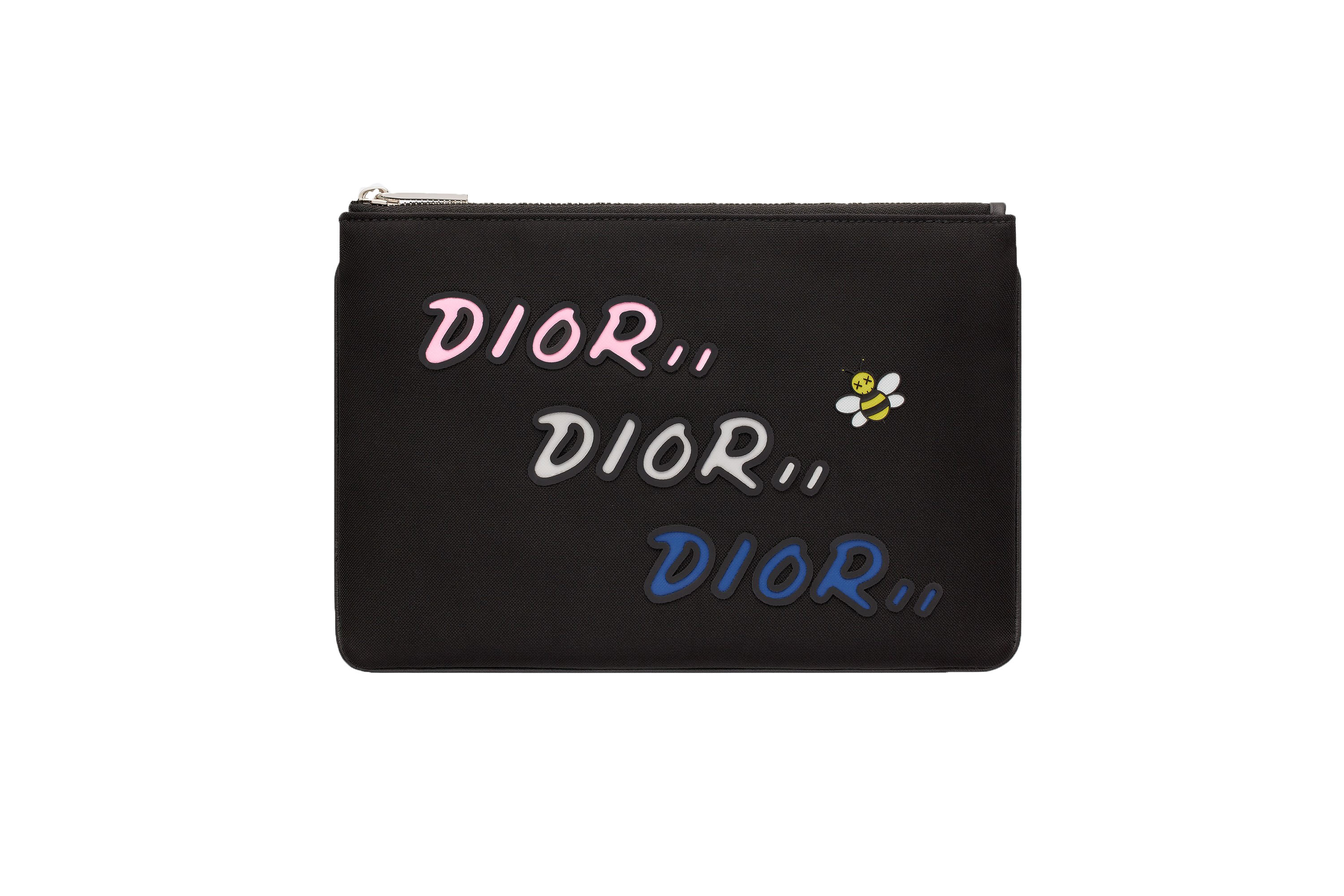 dior x kaws black nylon pouch with blue dior logo