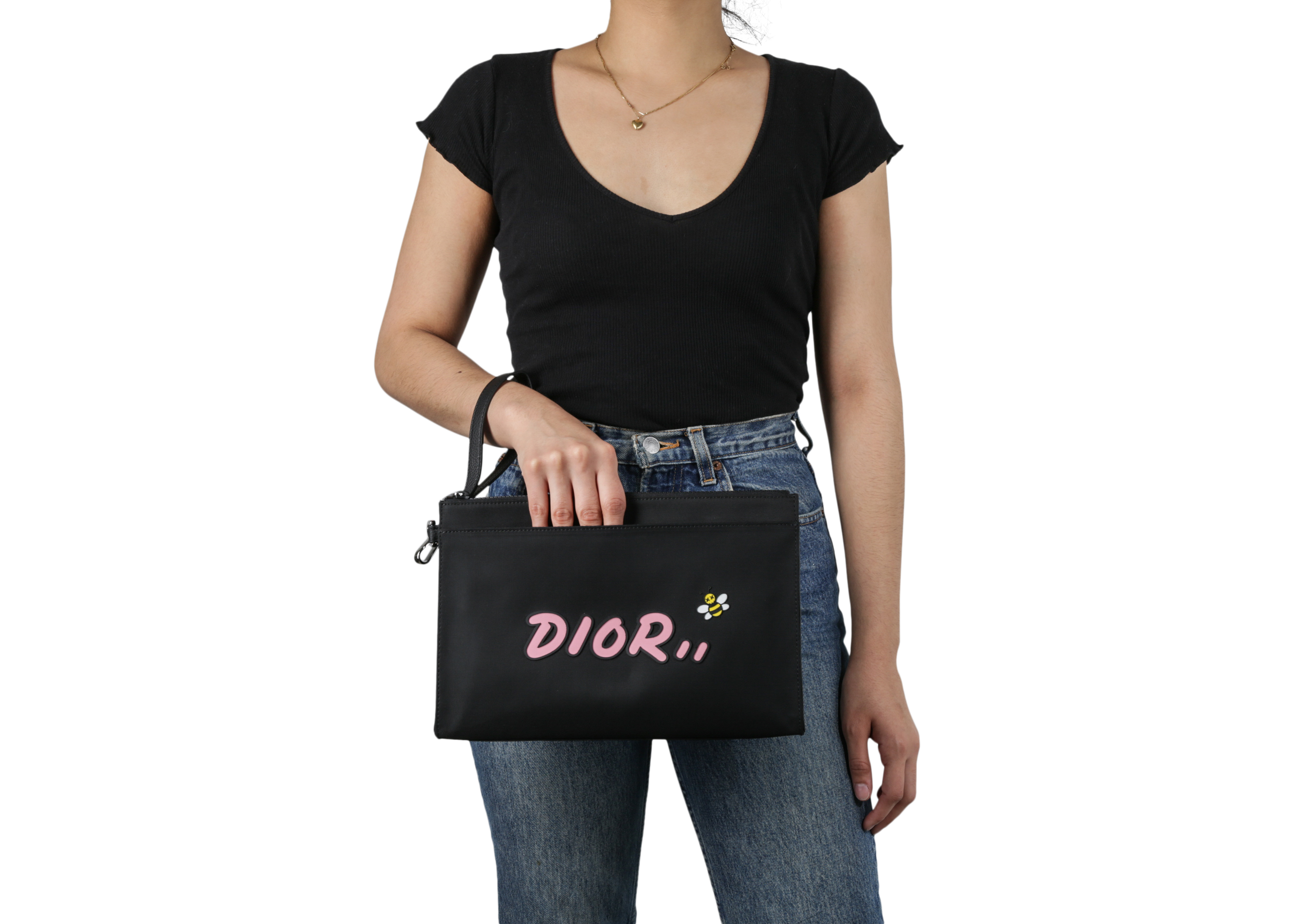 Dior x Kaws Pouch Pink Logo Nylon Black 