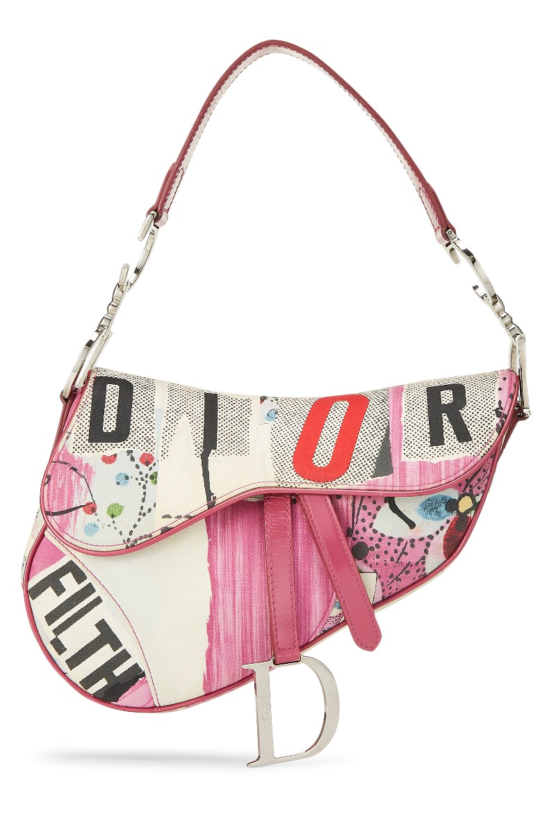 Dior Saddle Bag Filth Print Pink White in Canvas/Leather with