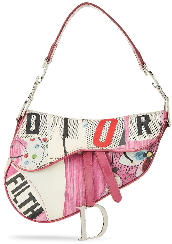 Dior Saddle Bag Filth Print Pink White in Canvas/Leather with SIlver-tone -  US