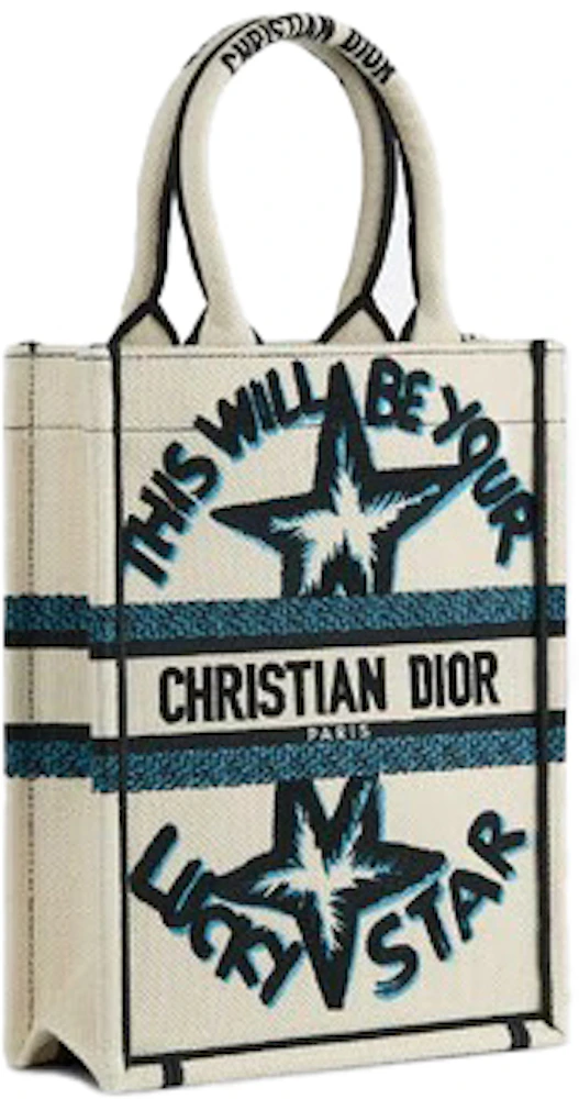 Dior Vertical Book Tote Lucky Star Embroidery White Multicolor in