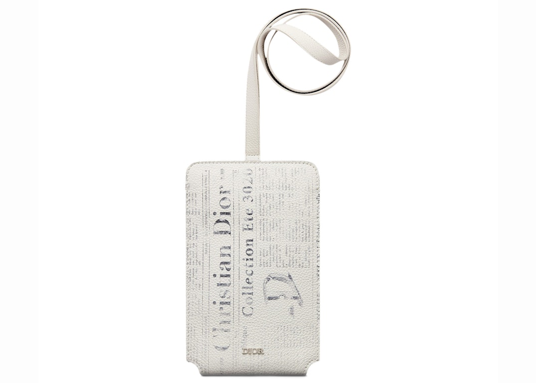 Pre-owned Dior X Daniel Arsham Phone Holder Newspaper Print Grained Calfskin White
